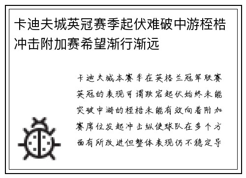 卡迪夫城英冠赛季起伏难破中游桎梏冲击附加赛希望渐行渐远